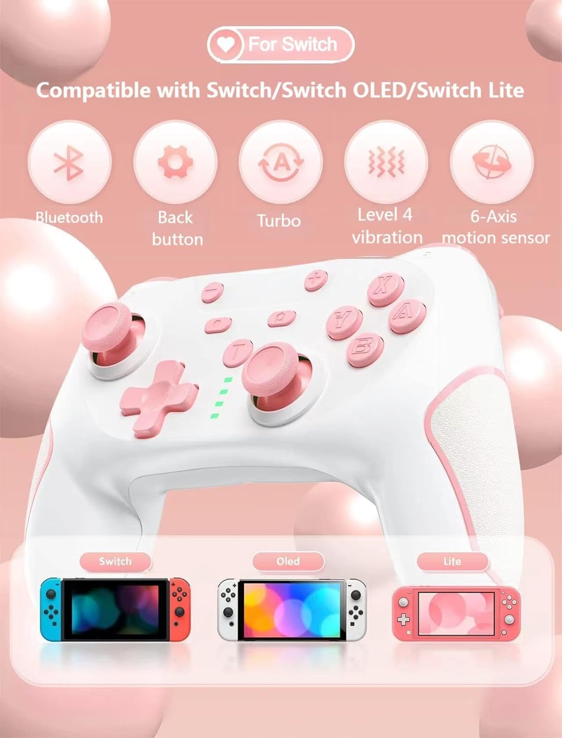 Matbip Wireless Pro Controller for Switch/Switch 2/Switch Lite/Switch OLED, wireless controller for switch with 2 back buttons, 3-level TURBO adjustable (Pink)