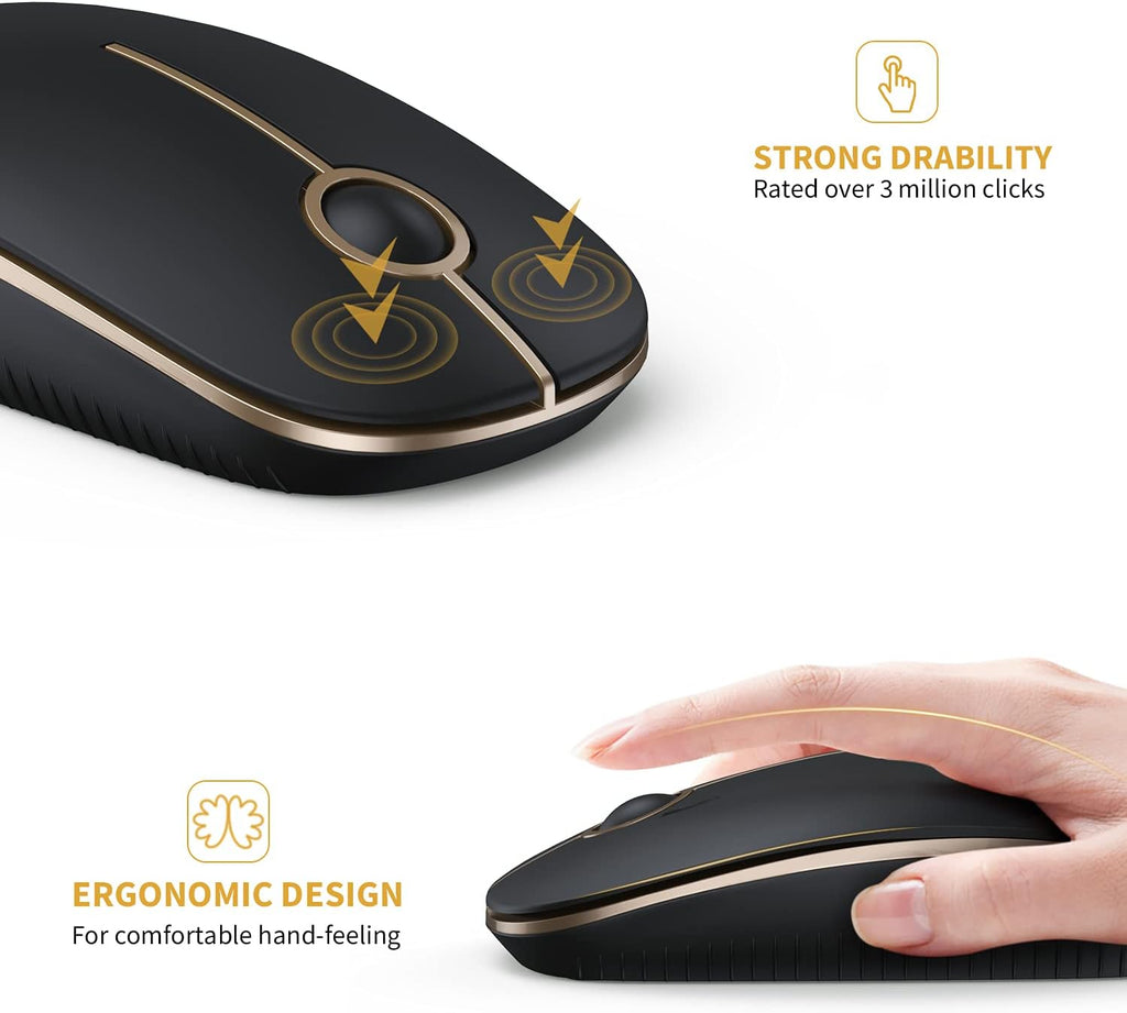 Vssoplor Wireless Mouse, 2.4G Slim Portable Computer Laptop Mouse with Nano Receiver Quiet Silent Optical Mice for Notebook, PC, Laptop, Computer-Black and Gold