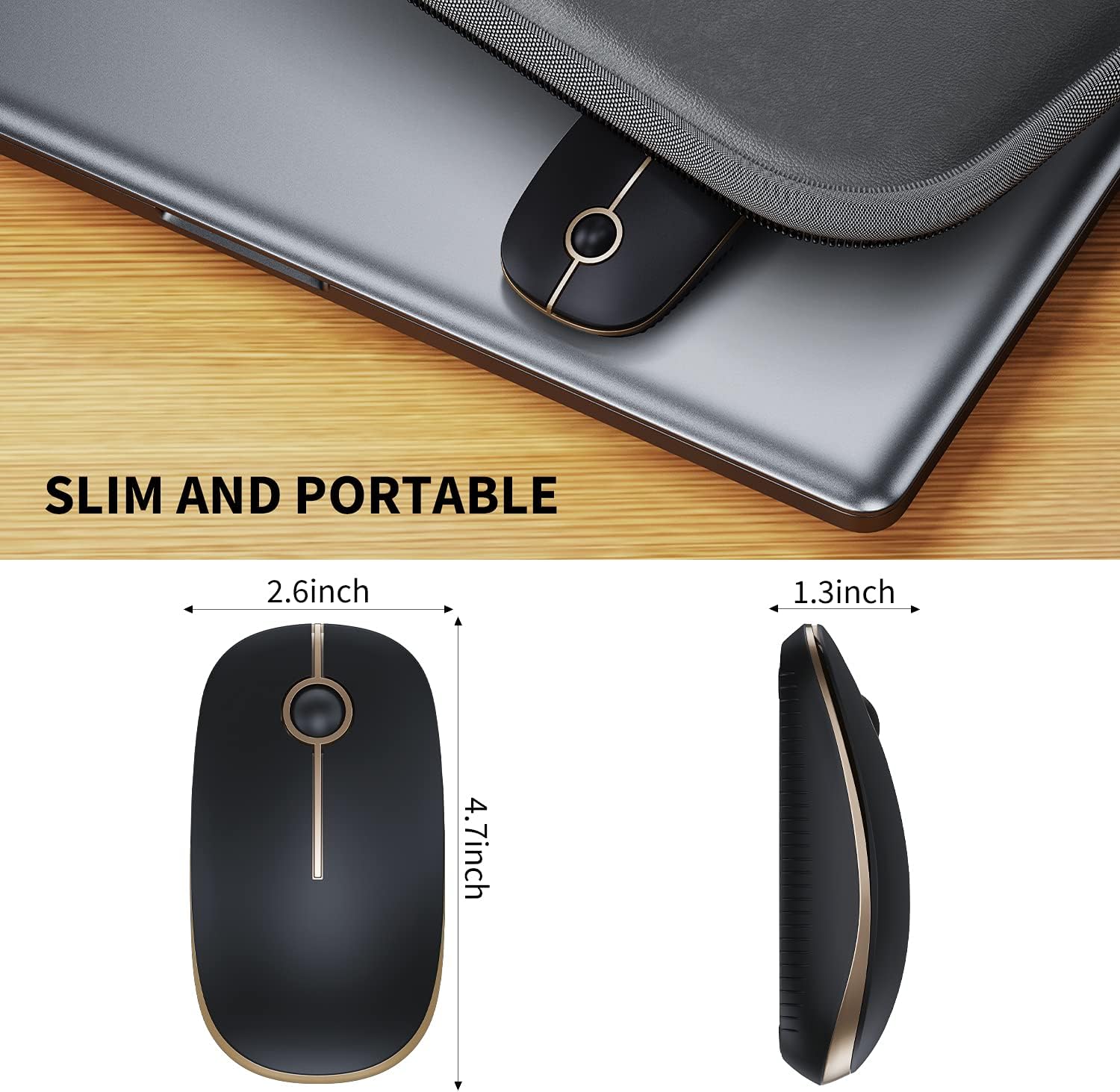 Vssoplor Wireless Mouse, 2.4G Slim Portable Computer Laptop Mouse with Nano Receiver Quiet Silent Optical Mice for Notebook, PC, Laptop, Computer-Black and Gold