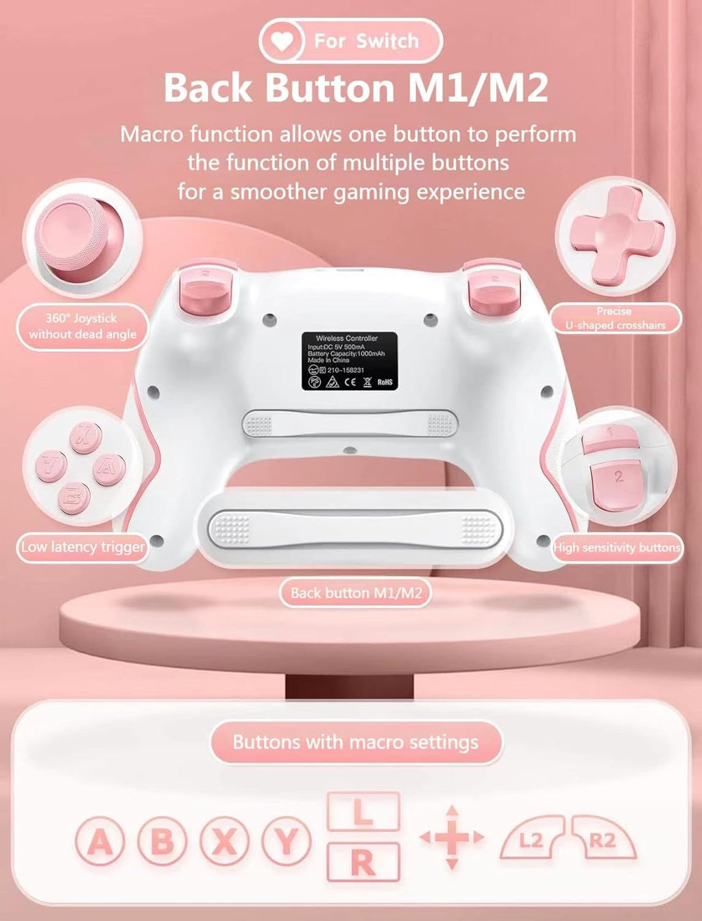Matbip Wireless Pro Controller for Switch/Switch 2/Switch Lite/Switch OLED, wireless controller for switch with 2 back buttons, 3-level TURBO adjustable (Pink)