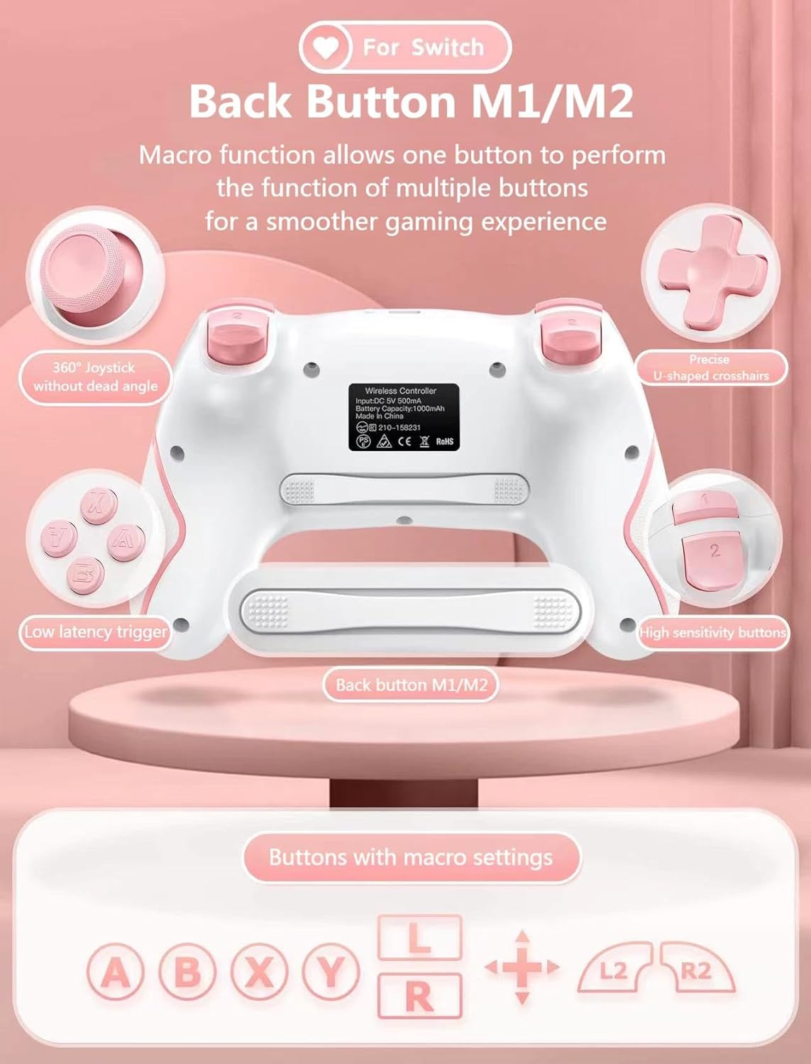 Matbip Wireless Pro Controller for Switch/Switch 2/Switch Lite/Switch OLED, wireless controller for switch with 2 back buttons, 3-level TURBO adjustable (Pink)