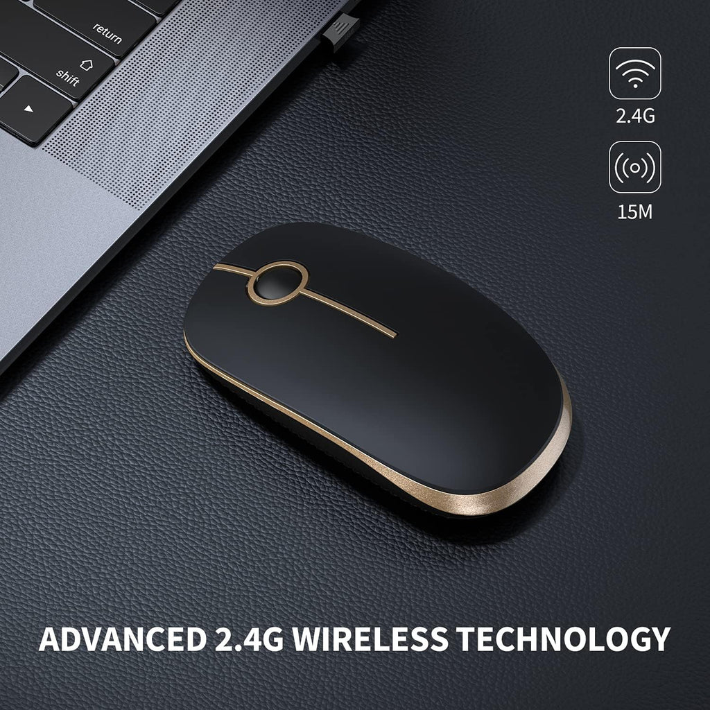 Vssoplor Wireless Mouse, 2.4G Slim Portable Computer Laptop Mouse with Nano Receiver Quiet Silent Optical Mice for Notebook, PC, Laptop, Computer-Black and Gold