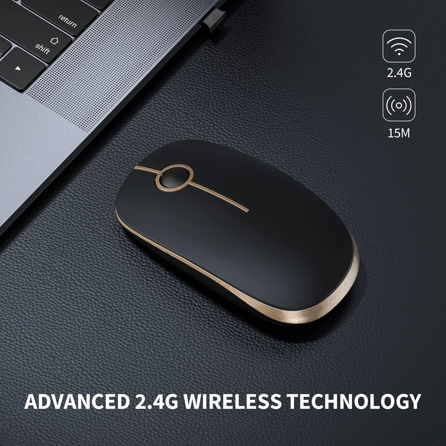 Vssoplor Wireless Mouse, 2.4G Slim Portable Computer Laptop Mouse with Nano Receiver Quiet Silent Optical Mice for Notebook, PC, Laptop, Computer-Black and Gold